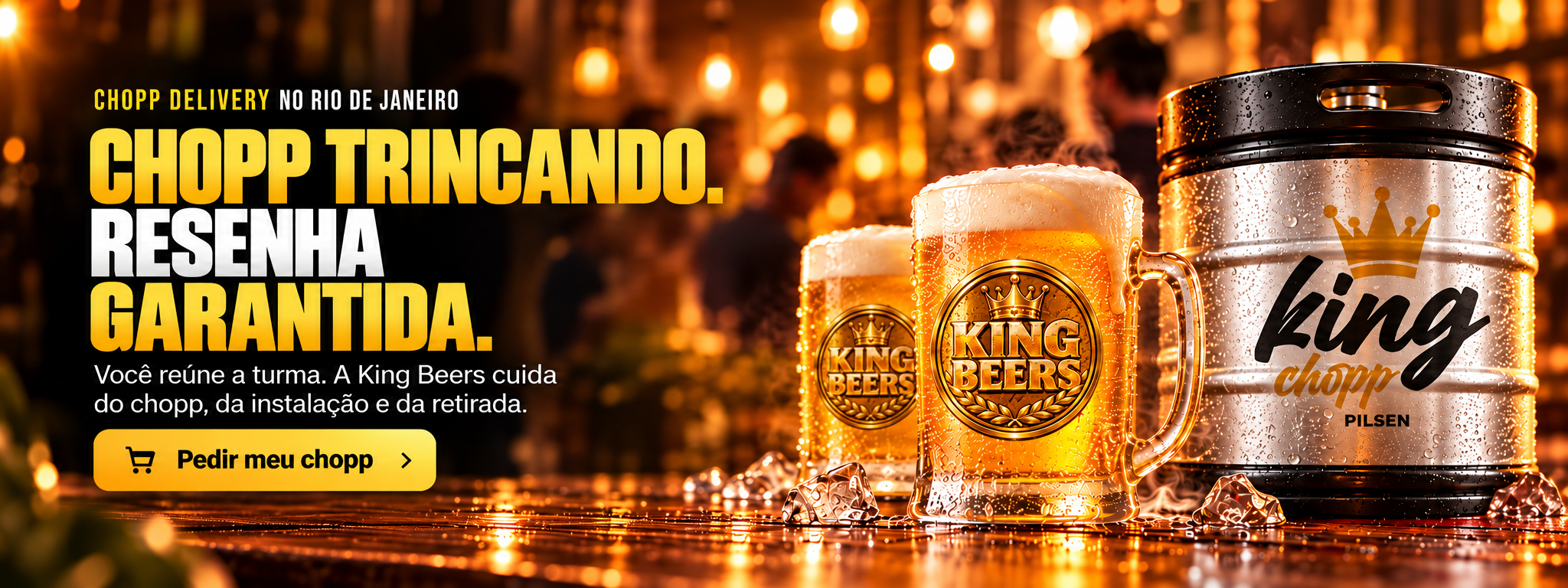 Chopp trincando. Resenha garantida. Você reúne a turma. A King Beers cuida do chopp, da instalação e da retirada.