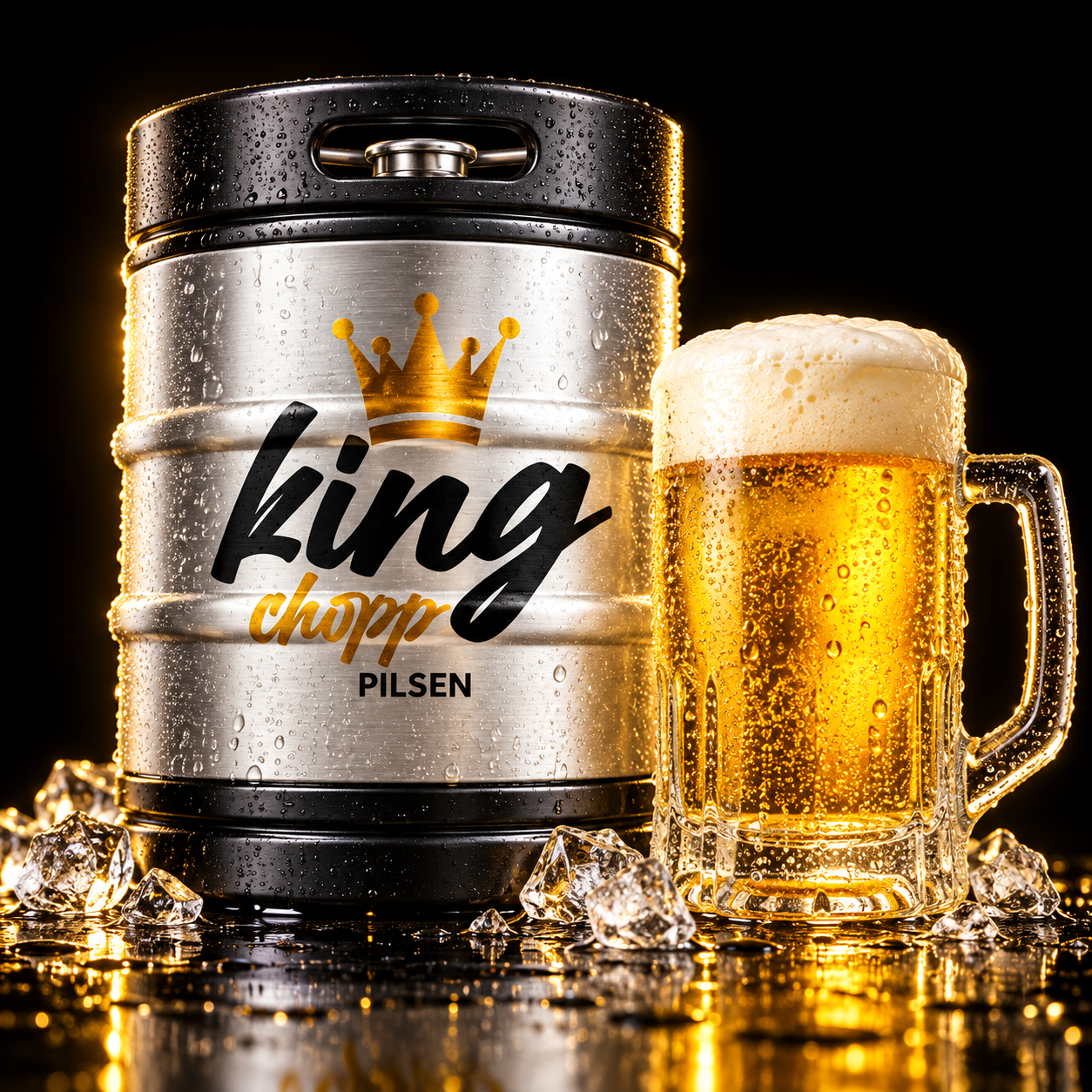 Barril King Chopp com caneca de chopp gelado, espuma cremosa e luz dourada