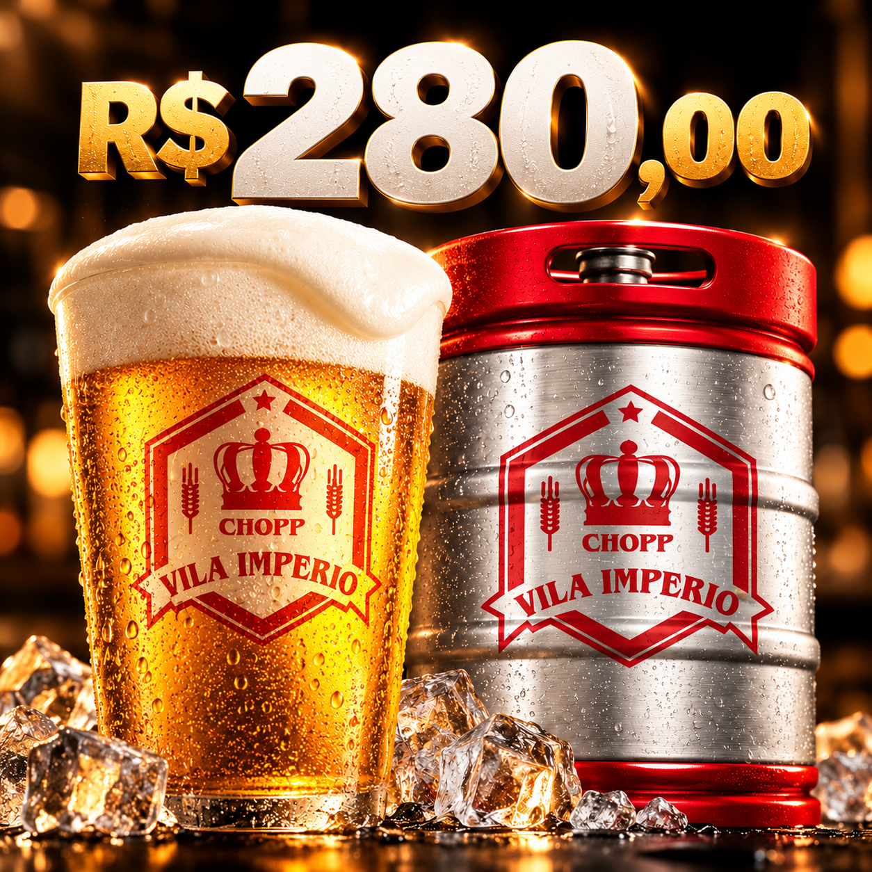 Chopp Vila Império com copo gelado e barril em oferta