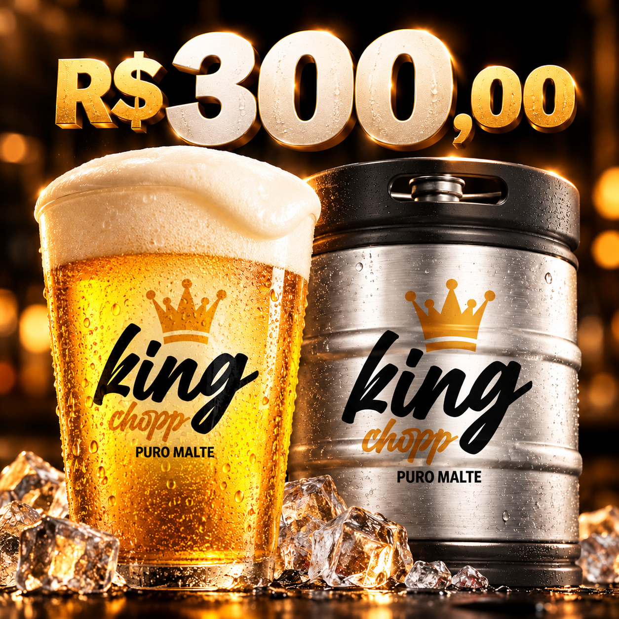 King Chopp com copo gelado e barril em oferta