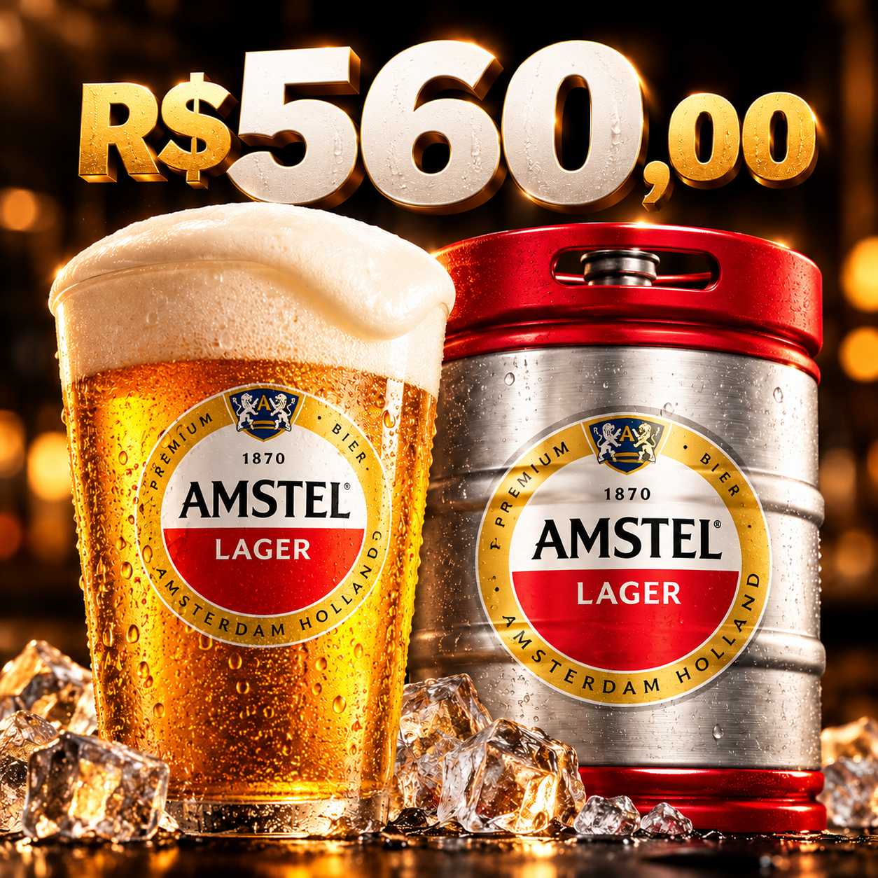 Chopp Amstel com copo gelado e barril em oferta