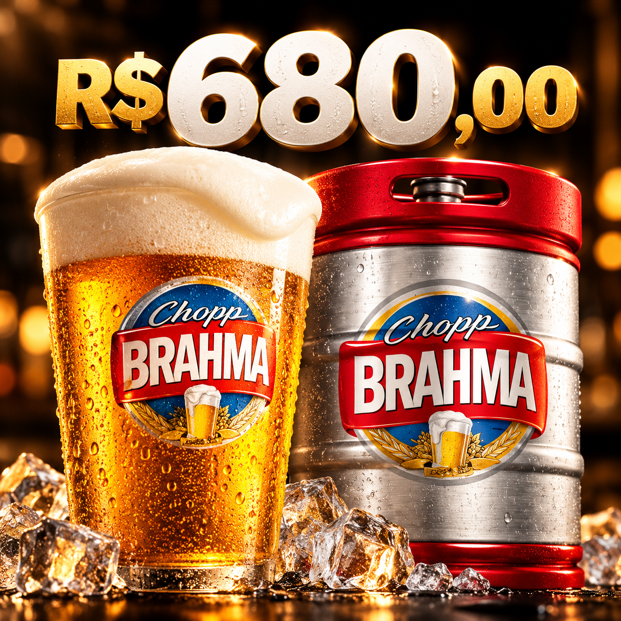 Chopp Brahma com copo gelado e barril em oferta